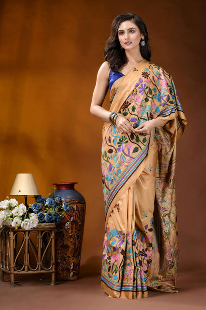 Beige floral motif multicolor handcrafted kantha silk saree woman wears beige silk saree 5