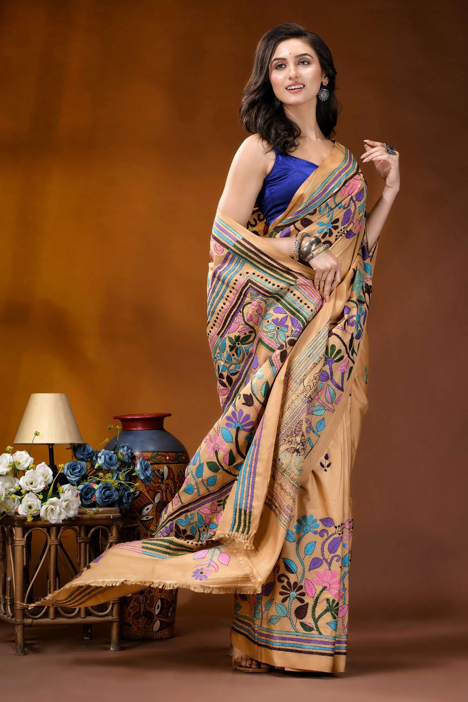 Beige floral motif multicolor handcrafted kantha silk saree beige silk saree intricate floral 4