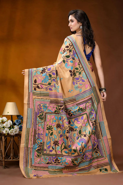 Beige floral motif multicolor handcrafted kantha silk saree beige silk saree adorned intricate 6