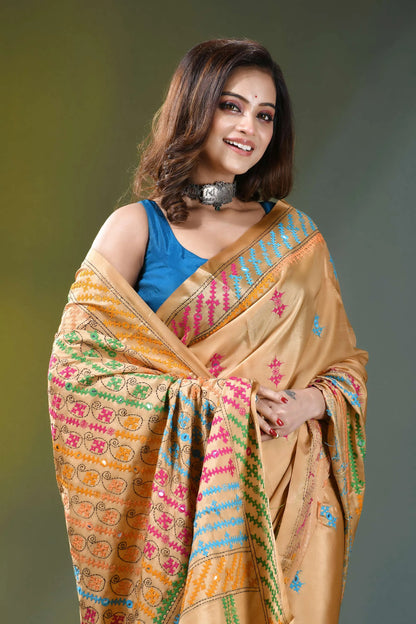 Beige gold multicolor thread hand kutch embroidered silk saree - mirror work beige silk saree intricate multicolored 2