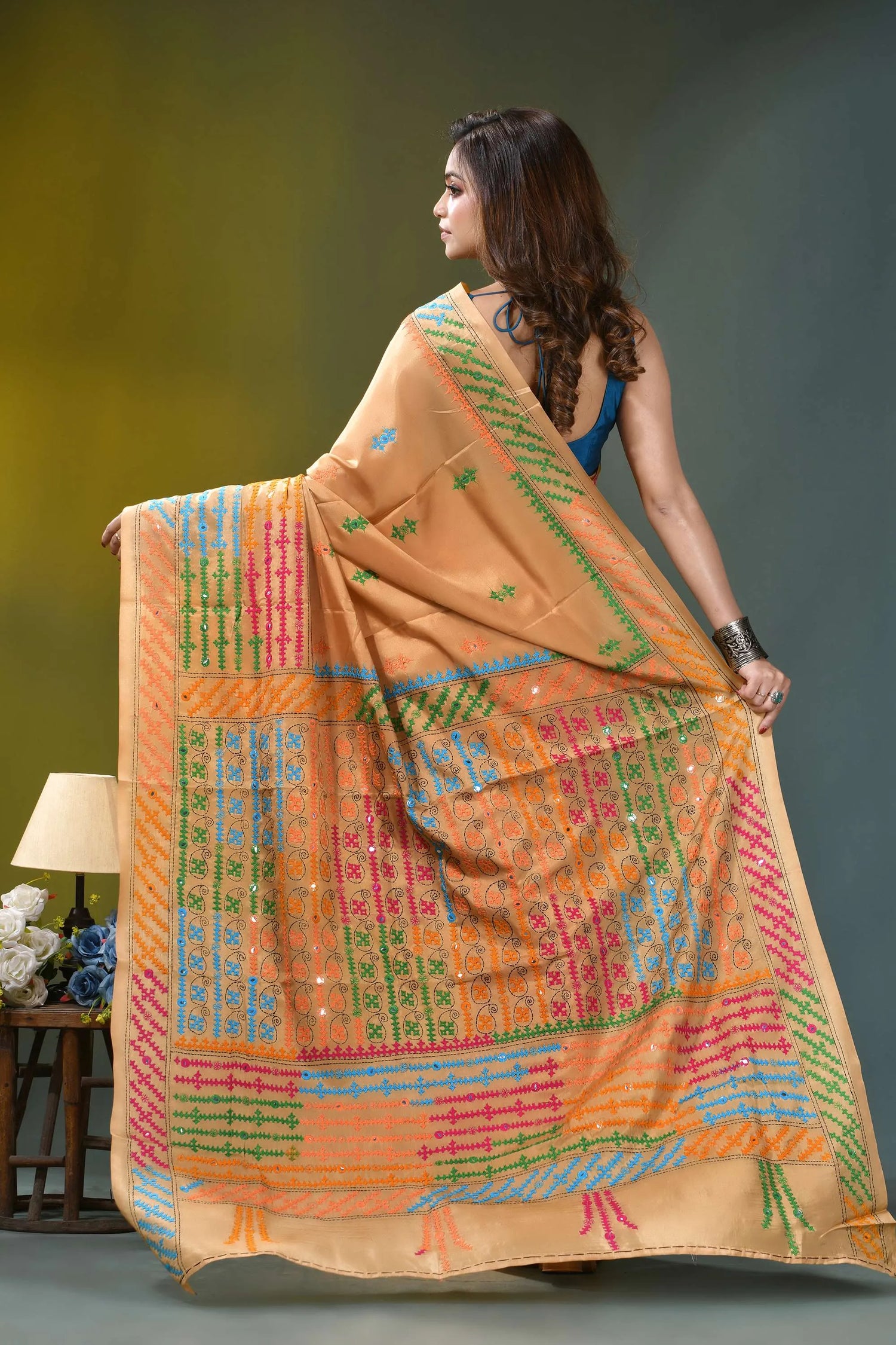 Beige gold multicolor thread hand kutch embroidered silk saree - mirror work beige silk saree intricate multicolored 5