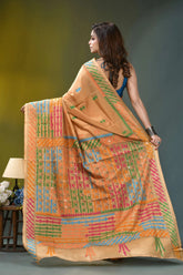 Beige gold multicolor thread hand kutch embroidered silk saree - mirror work beige silk saree intricate multicolored 5