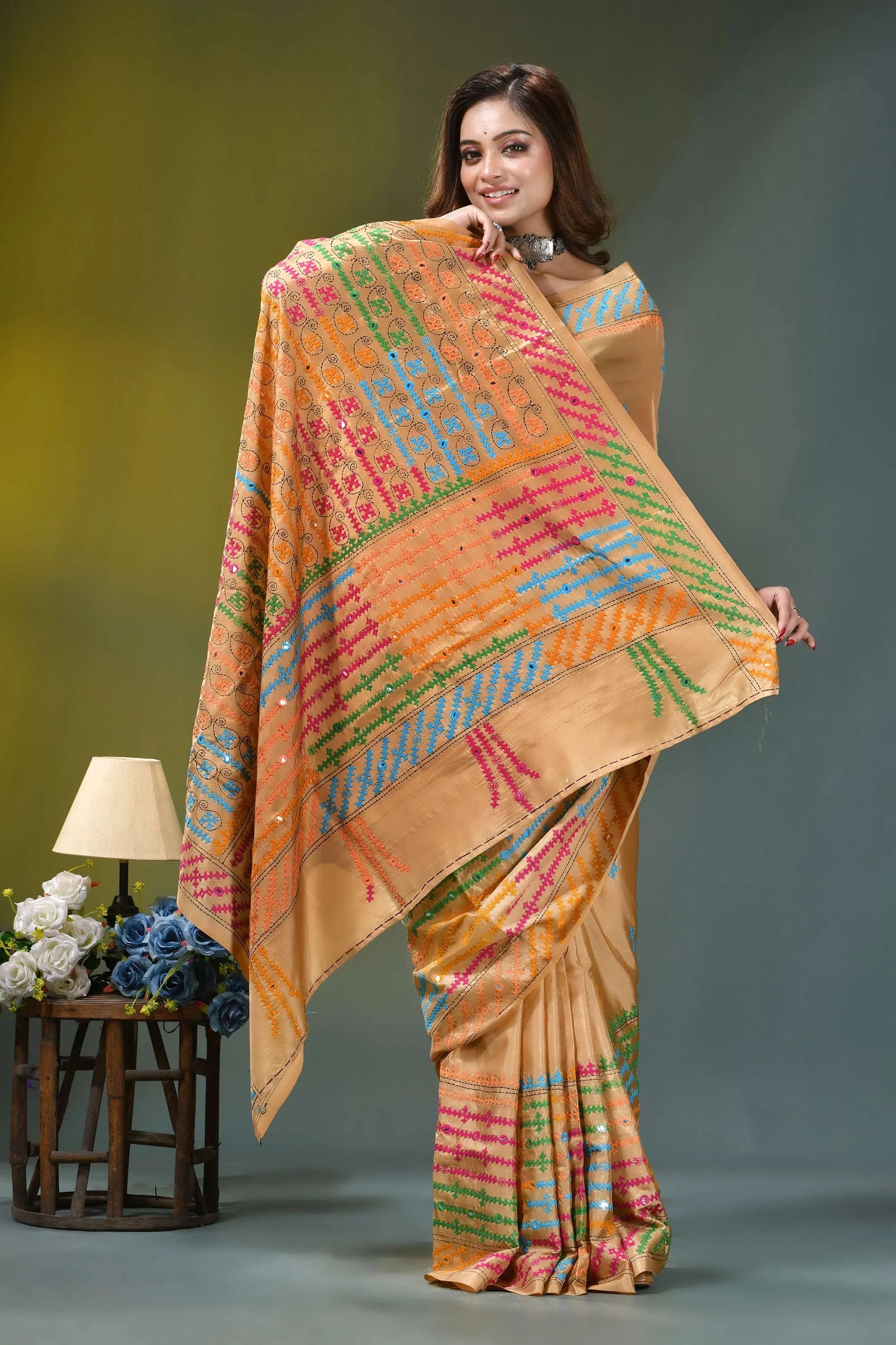 Beige gold multicolor thread hand kutch embroidered silk saree - mirror work vibrant orange silk saree adorned 4
