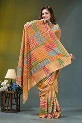 Beige gold multicolor thread hand kutch embroidered silk saree - mirror work vibrant orange silk saree adorned 4