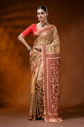 Beige hand embroidered silk kantha saree with maroon floral motif 1