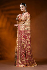 Beige hand embroidered silk kantha saree with maroon floral motif 3