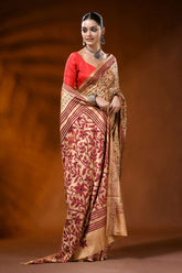 Beige hand embroidered silk kantha saree with maroon floral motif 4