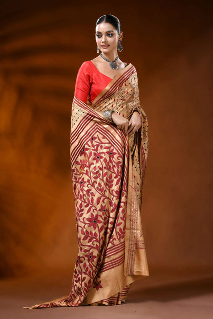 Beige hand embroidered silk kantha saree with maroon floral motif 4