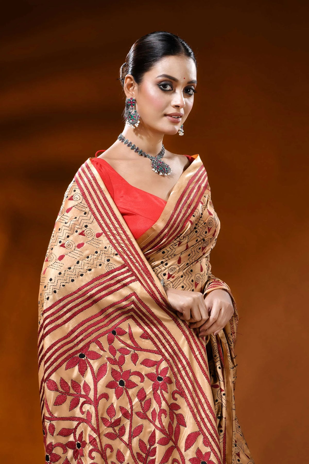 Beige hand embroidered silk kantha saree with maroon floral motif 2