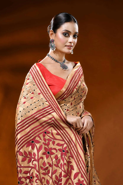 Beige hand embroidered silk kantha saree with maroon floral motif 2