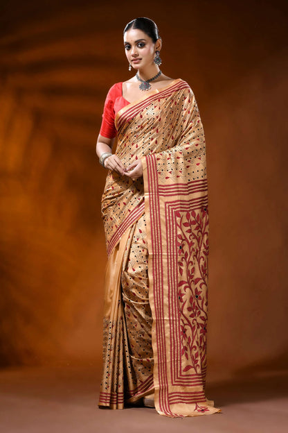 Beige hand embroidered silk kantha saree with maroon floral motif 6