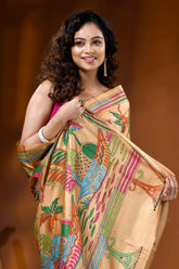 Beige multi-thread boat and nature theme silk kantha saree 2