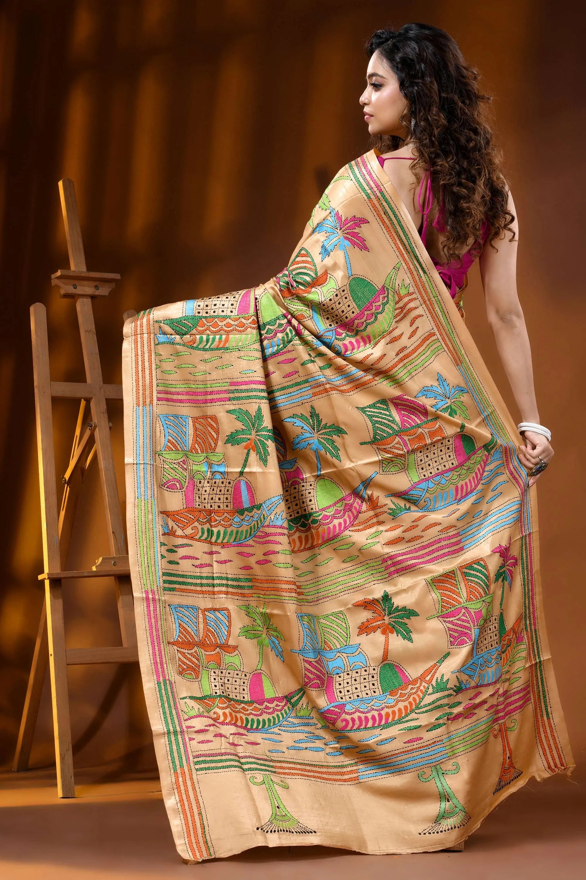 Beige multi-thread boat and nature theme silk kantha saree 4