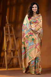 Beige multi-thread boat and nature theme silk kantha saree 5