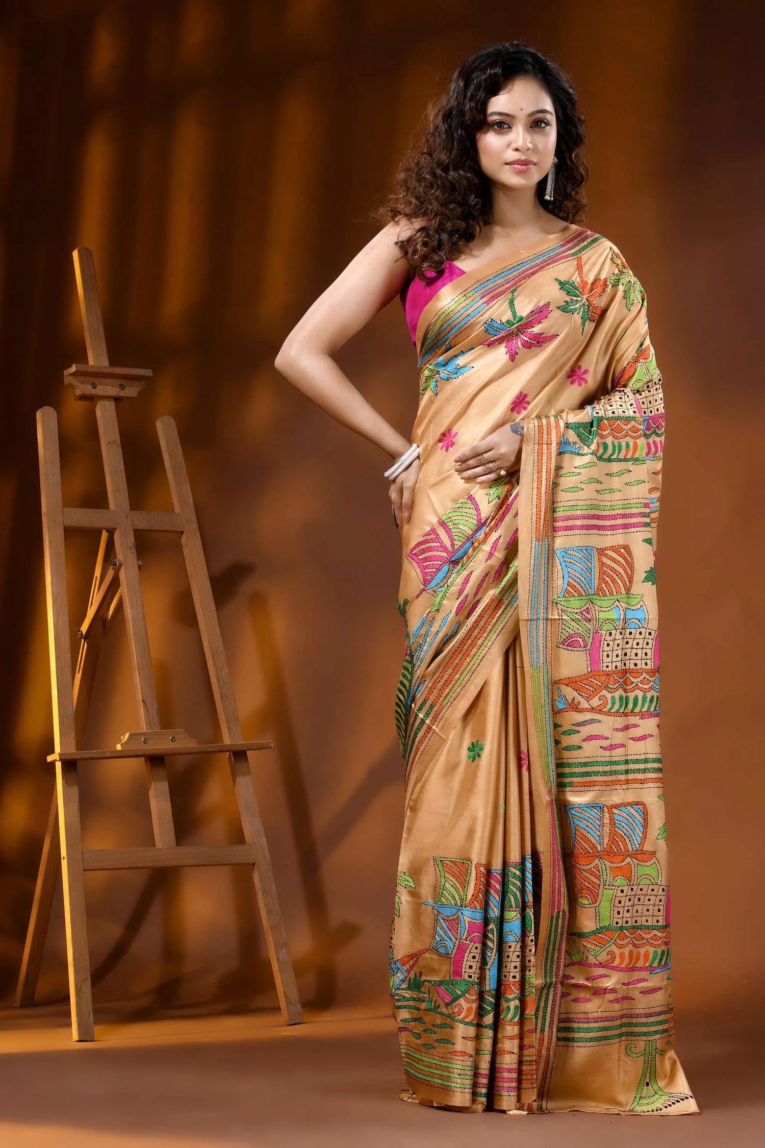 Beige multi-thread boat and nature theme silk kantha saree 6