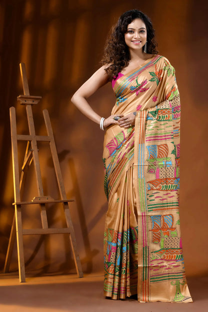 Beige multi-thread boat and nature theme silk kantha saree 1