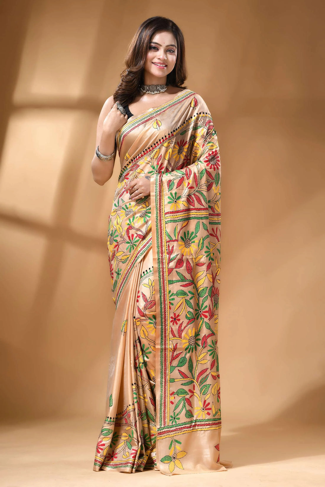 Beige multi-thread floral motif hand embroidery silk kantha saree beige silk saree vibrant floral 1