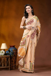 Beige multi-thread floral motif kutch embroidery silk saree beige silk saree intricate red 4