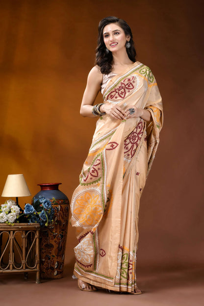 Beige multi-thread floral motif kutch embroidery silk saree beige silk saree intricate red 4