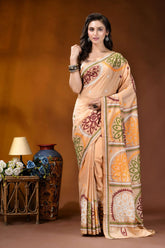 Beige multi-thread floral motif kutch embroidery silk saree woman wears beige silk saree 6