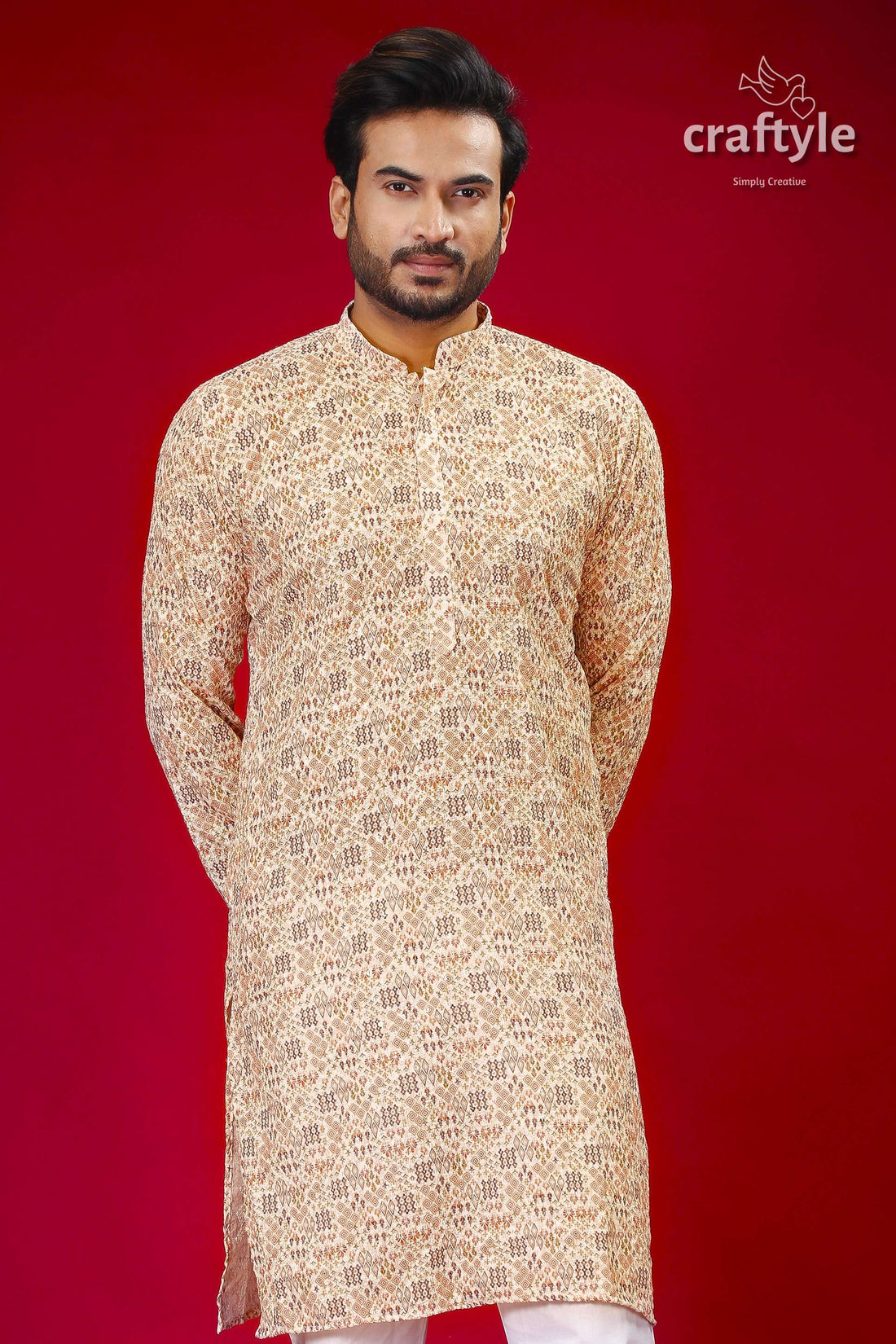 Beige Multicolor Sequin-Embellished Embroidered Kurta for Men - Craftyle