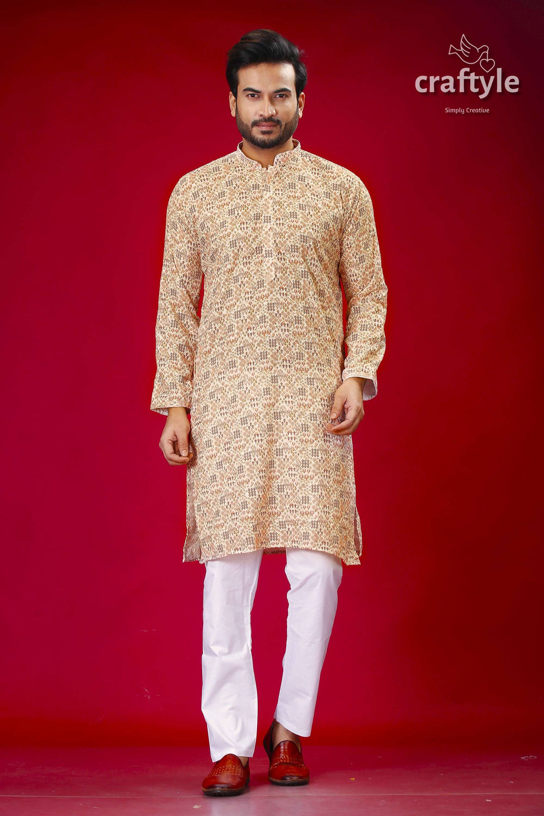Beige Multicolor Sequin-Embellished Embroidered Kurta for Men - Craftyle