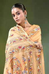 Beige paisley motif multicolor silk kantha saree - hand embroidered intricate multicolored 2
