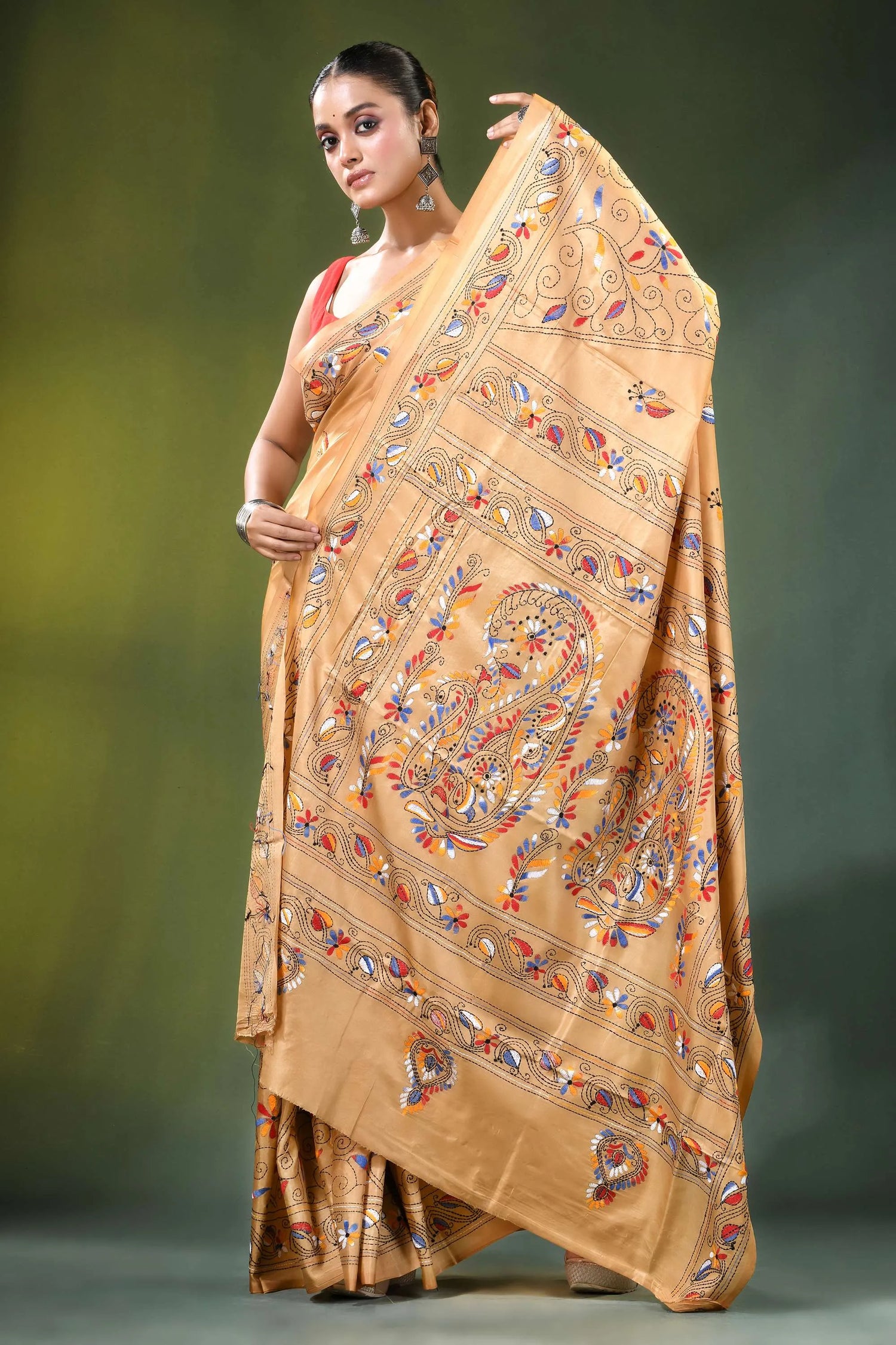 Beige paisley motif multicolor silk kantha saree - hand embroidered woman wears golden-yellow 4