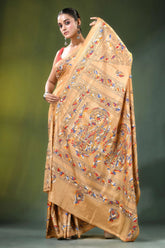 Beige paisley motif multicolor silk kantha saree - hand embroidered woman wears golden-yellow 4