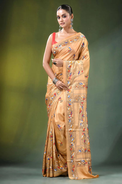 Beige paisley motif multicolor silk kantha saree - hand embroidered golden adorned intricate 6