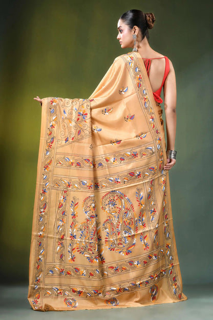 Beige paisley motif multicolor silk kantha saree - hand embroidered intricate multicolored 5