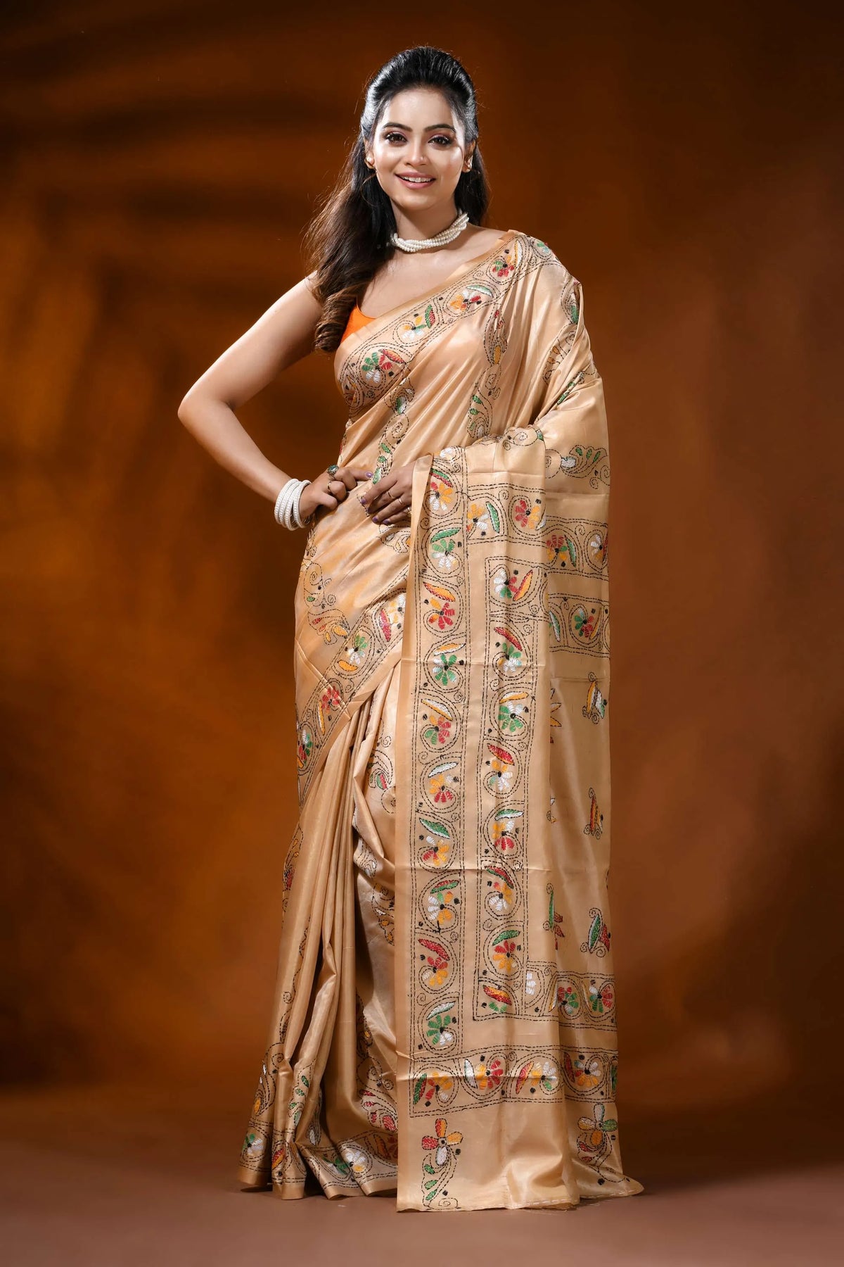 Beige silk kantha saree with multicolor floral hand embroidery 6