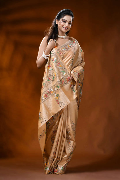 Beige silk kantha saree with multicolor floral hand embroidery 4