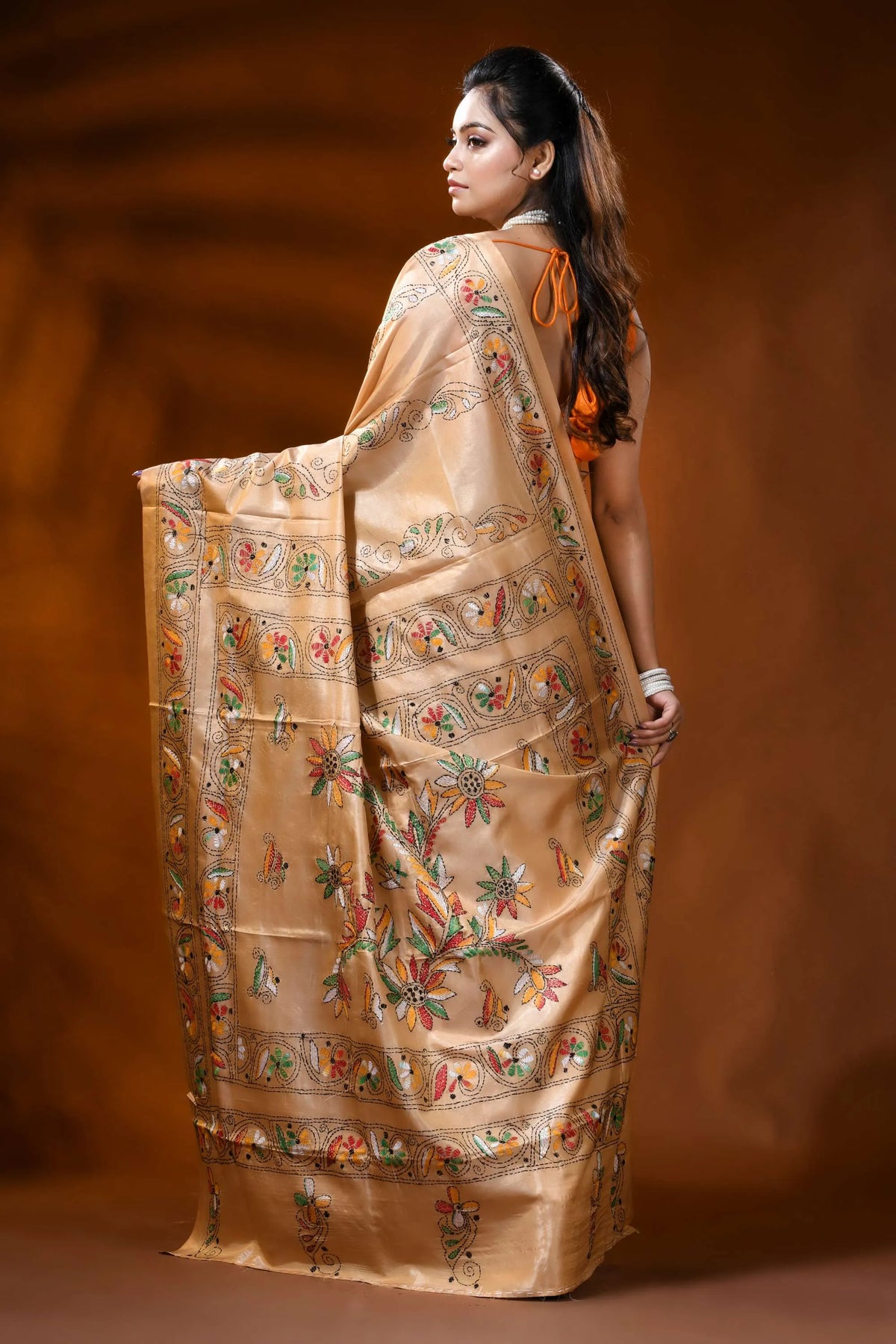 Beige silk kantha saree with multicolor floral hand embroidery 5