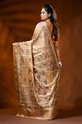 Beige silk kantha saree with multicolor floral hand embroidery 5