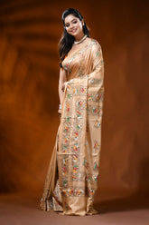 Beige silk kantha saree with multicolor floral hand embroidery 3