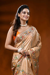 Beige silk kantha saree with multicolor floral hand embroidery 2