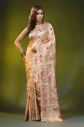 Beige silk kantha work saree with hand embroidered floral motif 6