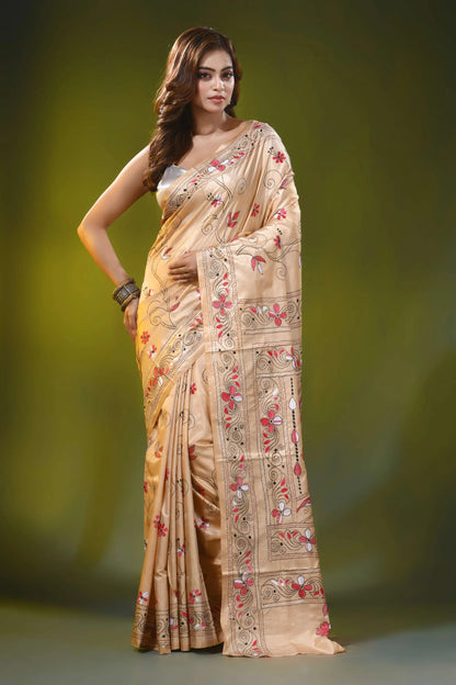Beige silk kantha work saree with hand embroidered floral motif 6