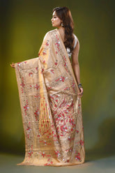 Beige silk kantha work saree with hand embroidered floral motif 5
