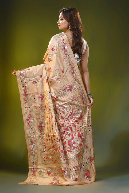 Beige silk kantha work saree with hand embroidered floral motif 5