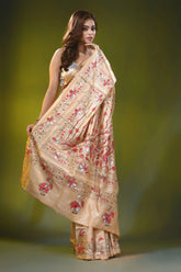 Beige silk kantha work saree with hand embroidered floral motif 4