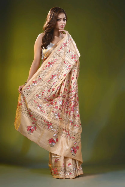 Beige silk kantha work saree with hand embroidered floral motif 4