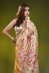 Beige silk kantha work saree with hand embroidered floral motif 2