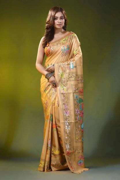 Beige silk kantha work saree with handmade swan and lotus motif 1