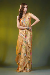Beige silk kantha work saree with handmade swan and lotus motif 4