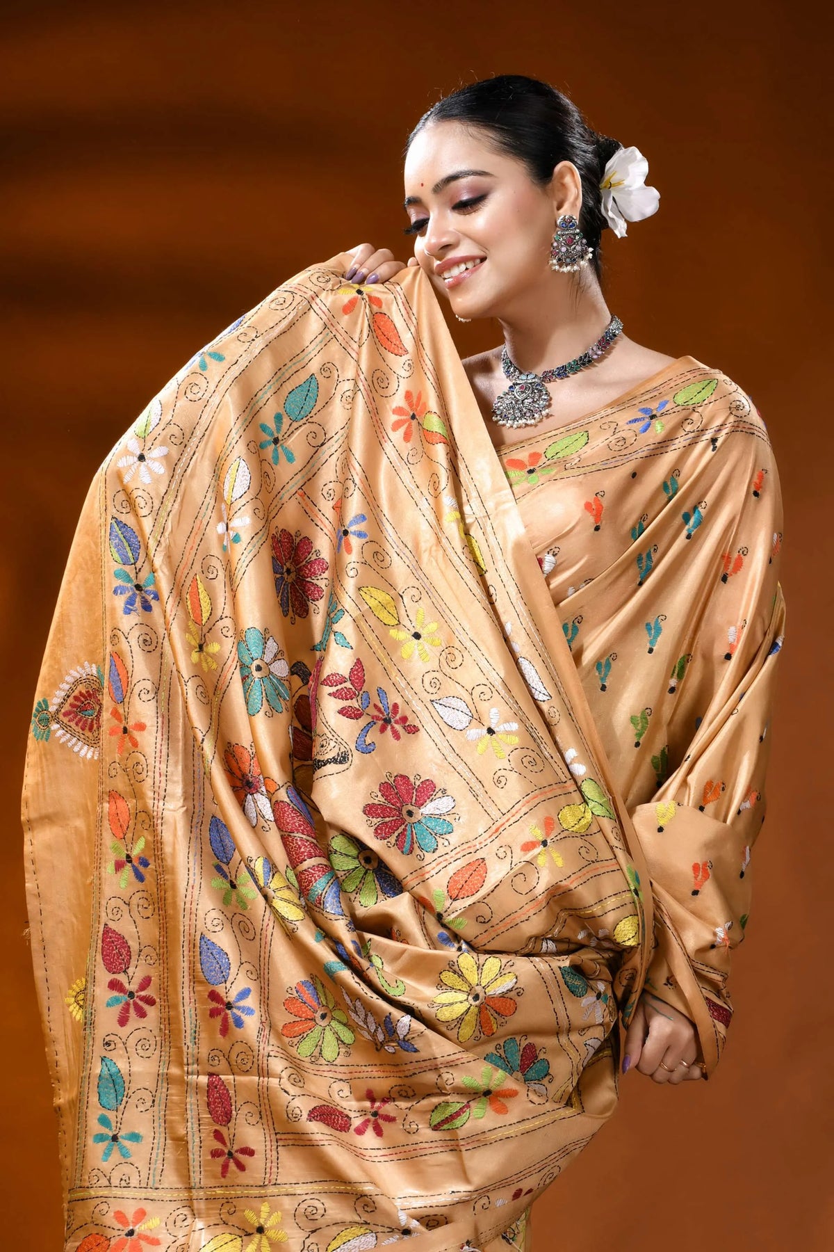 Beige silk kantha work saree with multicolor folk art design 2