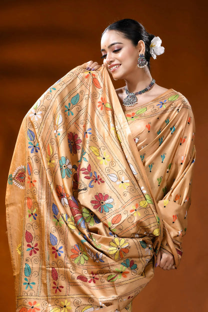Beige silk kantha work saree with multicolor folk art design 2