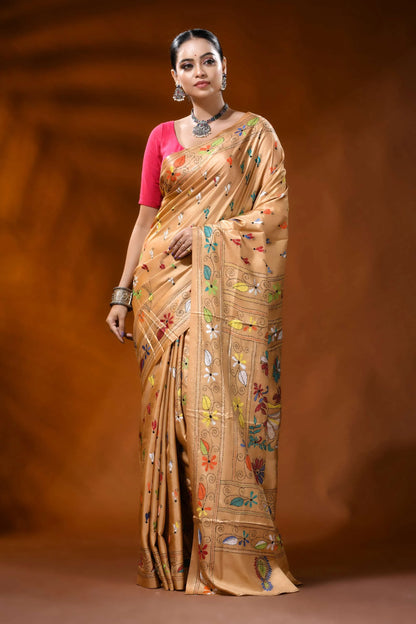 Beige silk kantha work saree with multicolor folk art design 6
