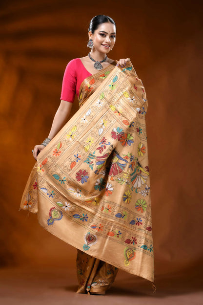 Beige silk kantha work saree with multicolor folk art design 4